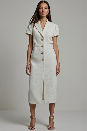 White Sheath Midi V-Neck Work Dress